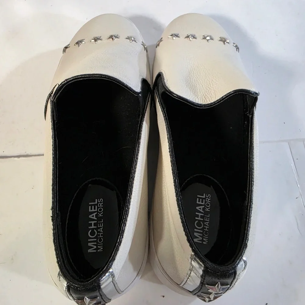Michael Kors Keaton Star Studded Leather Slip On Platform Sneakers White 8M